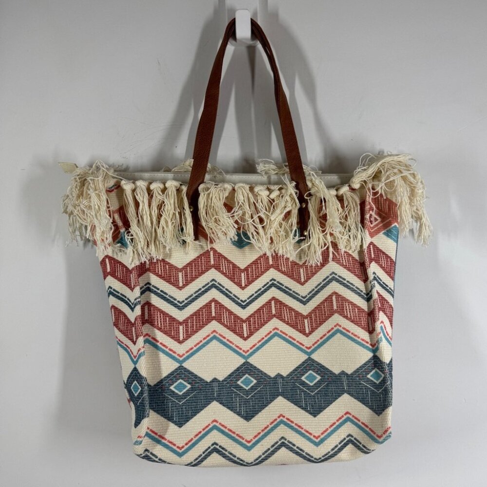 Boho Aztec Fringe Tote Bag Tribal Canvas Beach Shopper Southwest Style Summer - Picture 2 of 14